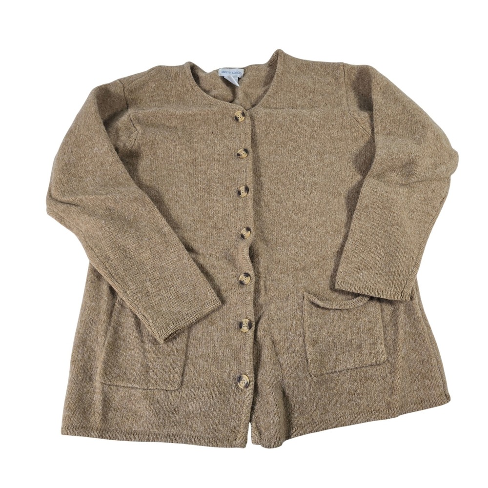 Pierre Cardin Womens 100% Shetland Wool Cardigan Sweater Camel Tan Size L Vtg